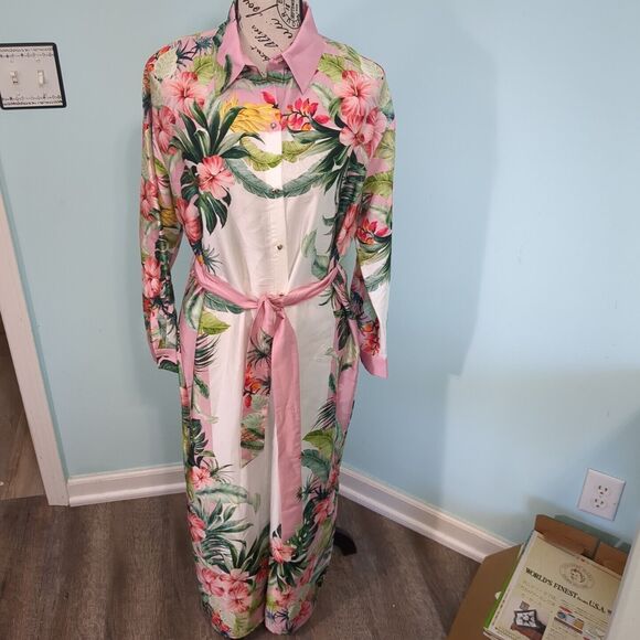 ZARA Tropical Print SATIN Floral Button Down BELTED Kimono Shirt Dress small - Picture 1 of 5
